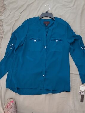 Dana Buchman Teal Button-Front Blouse with Chest Pockets